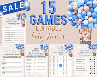 Bear Baby Shower Games Bundle, We Can Bearly Wait Boy Games, Editable Teddy Bear Blue Balloons Decor, Corjl Digital Template, Party Games