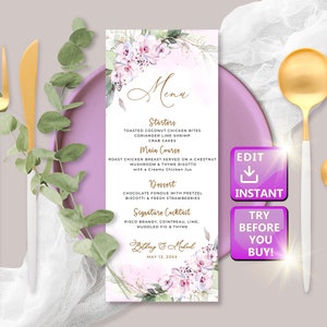 Menú de boda floral, Menú de boda morado, Menú Lets Eat, Menú de boda lavanda, Menú de boda 4x9 y 5x7, MENÚ lavanda, Descarga instantánea W005
