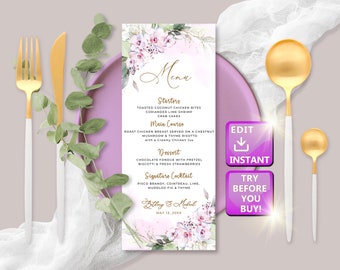 Wedding Menu Floral, Wedding Menu Purple, Menu Lets Eat, Wedding menu lavender, Wedding Menu 4x9 & 5x7,Lavender MENU, Instant Download W005