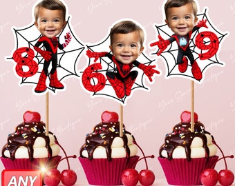 Adornos para cupcakes con cara de Miles, inspirados en superhéroes, adornos personalizados con cara giratoria, adornos para cupcakes de Spidey y sus amigos, archivo digital personalizado