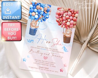 Baby Shower Invitation Teddy Bears Gender Reveal Invitation, Hot Air Balloon Gender Reveal Invite Template, Boy Or Girl , He Or She BS024