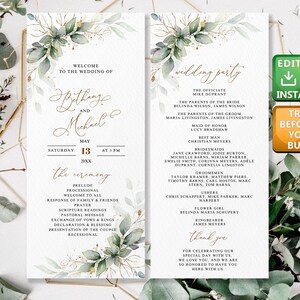 Könnte beinhalten: Elegantes Hochzeitsprogramm mit goldenem Text und Aquarellgrün. Das Programm enthält die Details der Hochzeitsgesellschaft, die Zeremonienreihenfolge und eine Dankesbotschaft. Enthält die Namen des Brautpaares, Datum und Uhrzeit.
