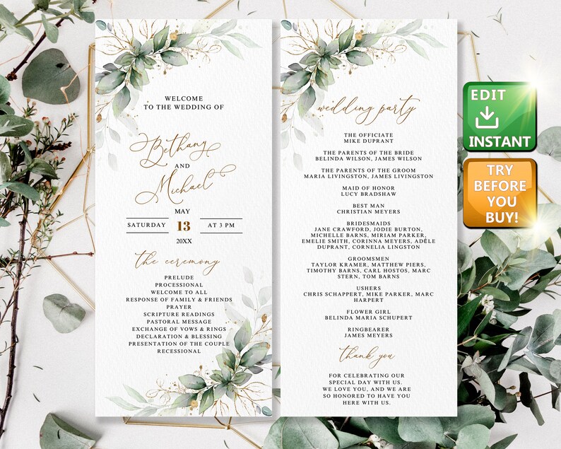 May include: Wedding program with gold lettering and watercolour foliage. The program includes the wedding party details, ceremony order, and a thank you message. Features the names of the bride and groom, date, and time.