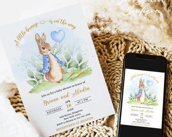 Bewerkbare Peter Rabbit babyshower uitnodigingsbundel, blauwe Peter Rabbit babyshower uitnodiging, jongen Peter Rabbit babyshower uitnodiging BS087