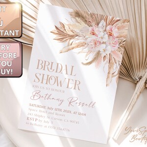 Boho bridal shower invitation, Bohemian Bridal shower Invitation, Earthy Bridal shower Invitation Pampas Bridal shower invitation Floral 006