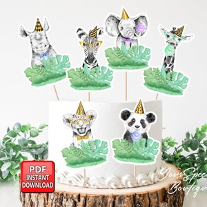 Printable Party Animals Centerpieces Safari Animals Birthday Party Gold Cake Topper Table Decor Wild One Decorations BOY Cupcake Topper 032