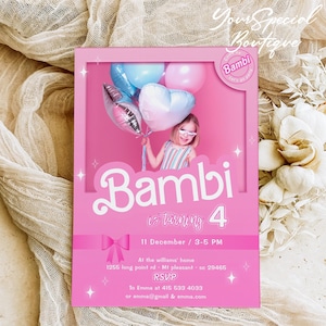 Editable Doll Birthday Invitation with photo, Doll Invitation, Hot Pink Birthday Party Invitation, Pink Doll Invites, Digital Kid Party 082
