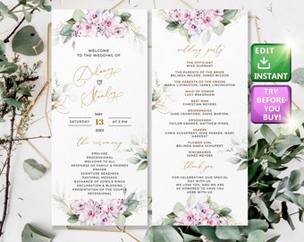 Wedding Program Printable, Wedding Program Purple, Wedding Program With Flowers, Wedding Program Download, Wedding Program Printed W005