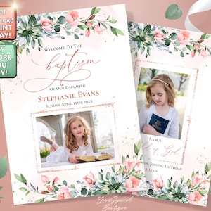 以下が含まれることがあります： ピンクとグリーンの花柄の洗礼の発表で、本を持っている若い女の子の写真が載っています。テキストには、「娘ステファニー・エバンスの洗礼へようこそ 202X年4月15日（日）」と「私は神の子です」と書かれています。