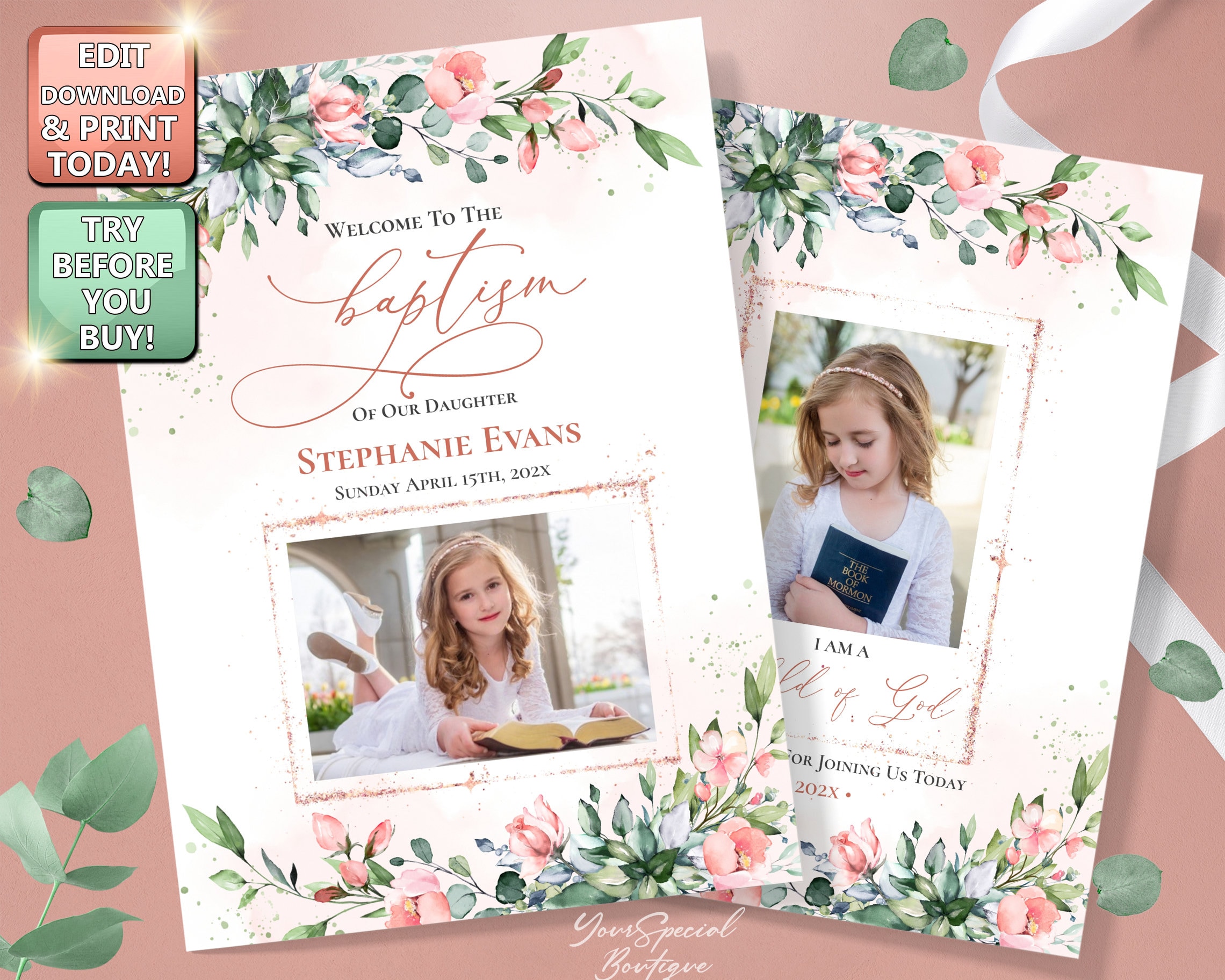 LDS Baptism Program, Printable Baptism Program Rose Gold Watercolor ...