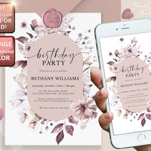 Thanksgiving Invitation Autumn Floral Birthday Party Invitation Fall Woman&#39;s Birthday Invite Editable Template Leaves +Electronic invite 020
