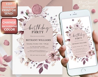 Può includere: Un invito di compleanno stampabile con un design floreale ad acquerello in tonalità rosa, viola e grigio. L'invito presenta il testo "birthday party" e il nome "Bethany Williams".