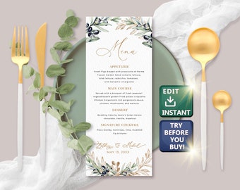 Wedding Menu Green Olive, Menu Download, Floral Menu, Editable Menu, Bridal Shower Menu, Boho Menu Template, Rehearsal Wedding Dinner W013
