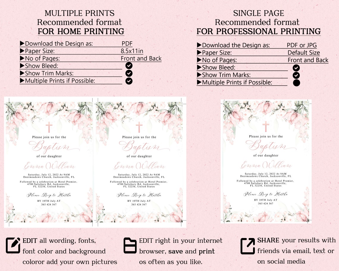 Baptism Invitation Lds Template Baptism Invitation PINK - Etsy