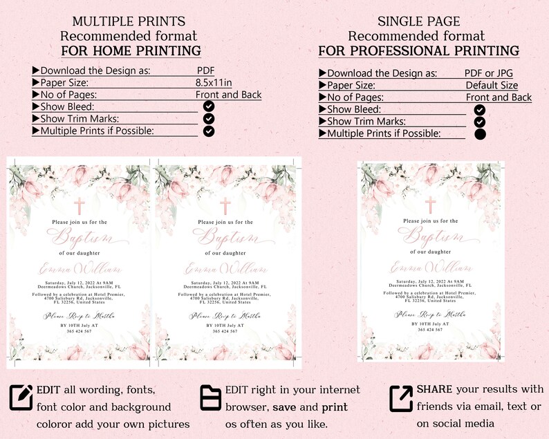 Baptism Invitation Lds Template Baptism Invitation PINK Etsy