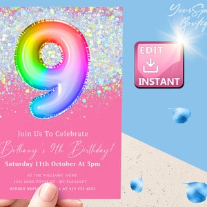 9th Birthday Invitation Editable Boy Girl Glitter Birthday Invitation ...