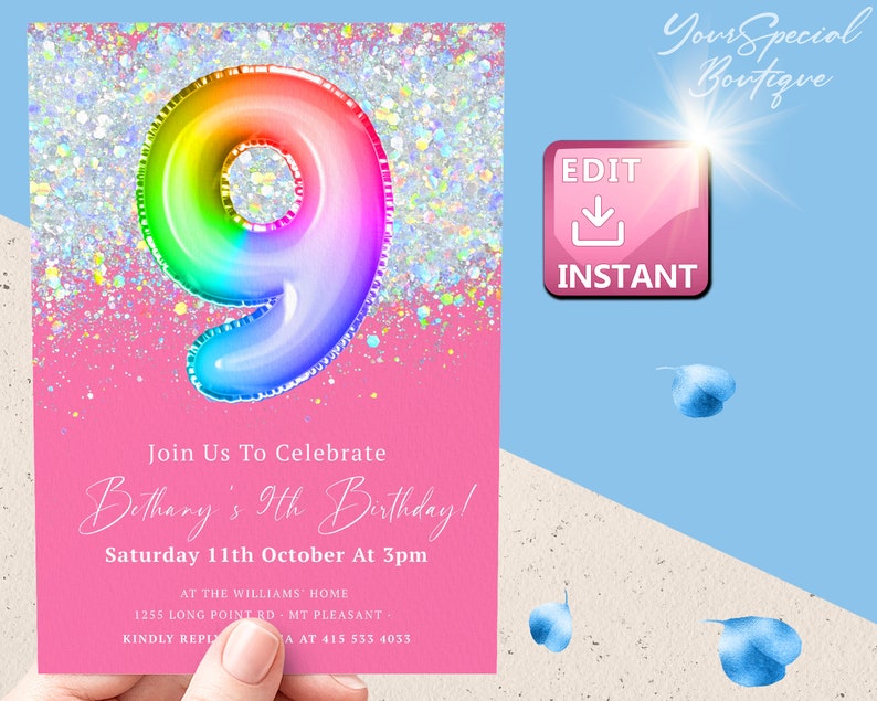 9th Birthday Invitation Editable Boy Girl Glitter Birthday - Etsy