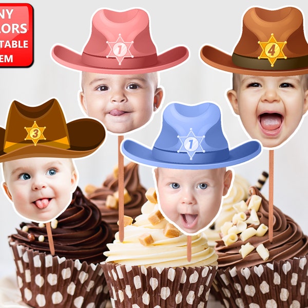 Cowboy Cupcake Toppers face (Digital File), Cowboy Birthday Decorations Cowgirl, Cowboy Party Decor, Cowboy Western Cupcake Toppers ANY AGE