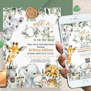 May include: A baby shower invitation with a jungle theme. The invitation features a watercolor illustration of a giraffe, rhino, zebra, elephant, cheetah, and monkey. The text on the invitation reads "A little wild one is on the way!" and includes the date, time, and location of the shower.