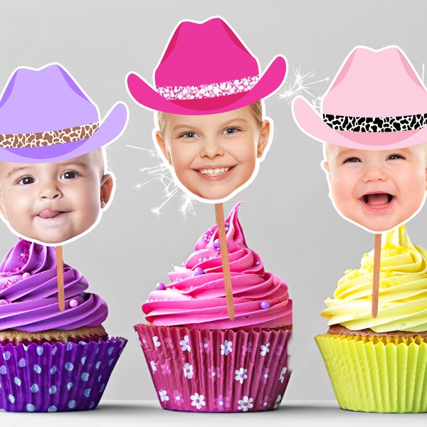 Rodeo Cupcake Toppers with Custom Face Photo (12 count) Pink Cowboy Hat, Birthday girl, Personalized, Bachelorette, Last Rodeo, Digital File