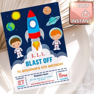 Outer Space Birthday Invitation Template, Planets Rocket Ship Astronaut Invite, Galaxy Blast Off Invitation, Editable Invitation digital 091