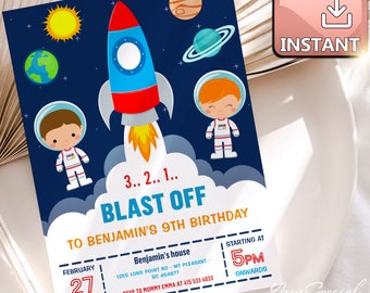 Outer Space Birthday Invitation Template, Planets Rocket Ship Astronaut Invite, Galaxy Blast Off Invitation, Editable Invitation digital 091