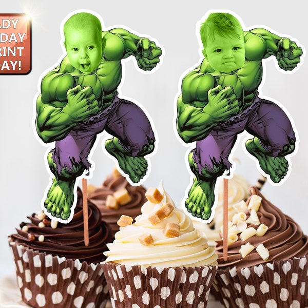 Photo Cupcake Toppers HULK superhéroe inspirado, archivo digital, decoración de cumpleaños de cualquier edad, decoraciones de cumpleaños, cara de Spidey Cupcake Topper