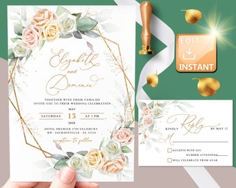 Greenery Luxury Wedding Invitation, Greenery Wedding Invites with white flowers Eucalyptus, Floral Wedding Invite 2023, Modern Invite W026