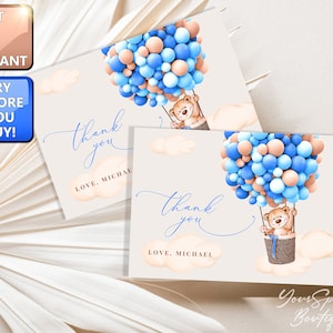 Bären-Ballons Dankeskarte, kleine Karte, um ein großes Dankeschön zu sagen, Bären-Ballons blau Babyparty-Dankeschön-Karten, Geburtstagsparty BÄR BS013