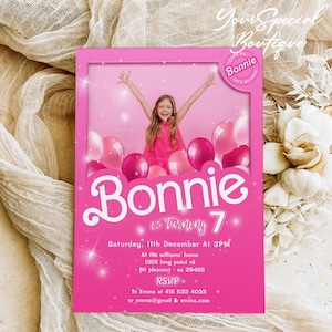 Invito di compleanno per bambola alla moda / Invito per festa di bambola rosa / Invito rosa scintillante / Invito stampabile rosa glitterato per ragazze 081