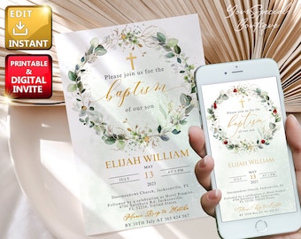 EDITABLE Electronic Greenery Baptism invitation, e-invite Editable Instant Download, Editable baptism invitation girl or boy BP6