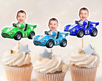 Race Car Photo Cupcake Toppers, Face Cupcake Toppers Personalized Blue Vintage Car Cupcake Toppers green Racing Birthday Party Decor ANY AGE