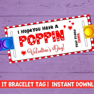 Pop It Valentine Cards, Classroom Valentines, Printable Valentines Day Fidget Party Favors Classroom Gift Teacher to Student Pop it Bracelet
