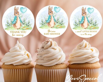 May include: Three round cupcake toppers featuring a watercolor illustration of a bunny holding a blue balloon. The toppers have text that reads "Thank you for coming", "Briana Baby Shower", and "A sweet little bunny is on the way".