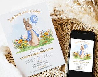Peter Rabbit First Birthday Invitation, Editable Invite Template, Rustic Bunny 1st Birthday Boy Party Printable Instant Download Digital 096