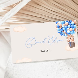 Marque-places pour baby shower, Garçon ours, Cartes de nom de table Ballons ours, Médaillons d'invité pliés sous la tente, Carte Ours en peluche garçon We Can Bearly Wait BS013