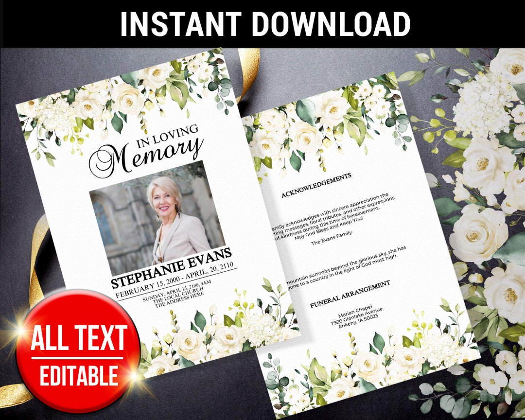 Memorial Program, Funeral Program Template for Woman, Front and Back