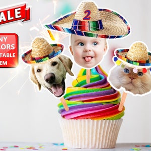 Baby Face or Adult or Pet Mexican Sombrero Cupcake Toppers, Sombrero Picture Cake Toppers, Mexican Fiesta, Face Cupcake Toppers Sombrero Hat