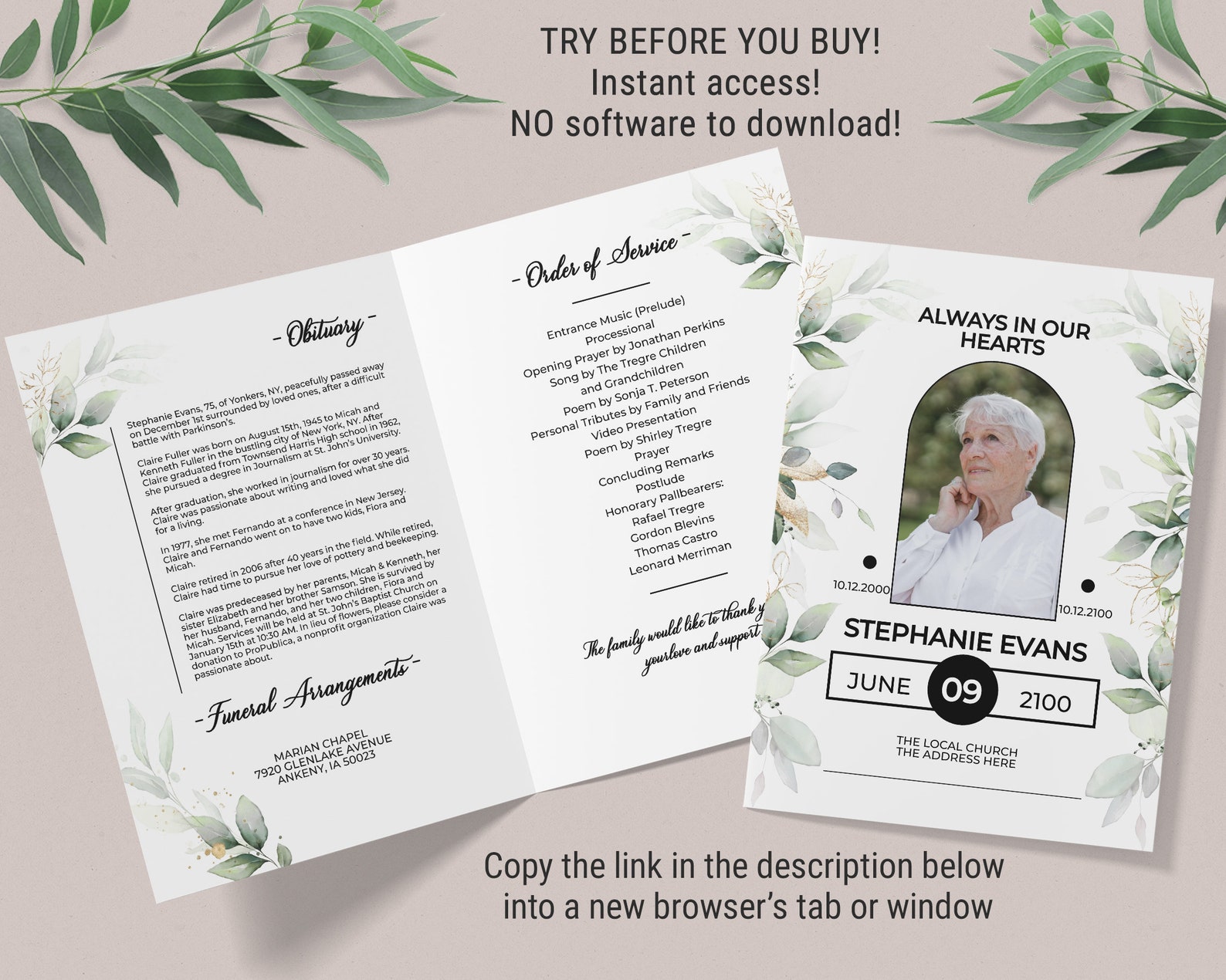 Editable Funeral Program Template, Funeral Memorial Men Greenery Order ...