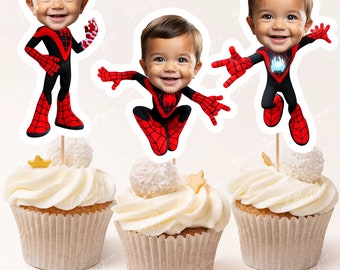 Adornos para cupcakes con cara de Miles, inspirados en superhéroes, adornos personalizados con cara giratoria, adornos para cupcakes de Spidey y sus amigos, archivo digital personalizado