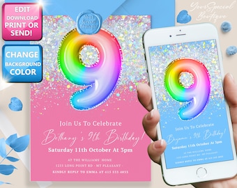 May include: A pink and blue glitter background with a rainbow number nine balloon. The text "Join Us To Celebrate Bethany's 9th Birthday!" is written in white cursive font. The text "Saturday 11th October At 3pm" is written in white font. The text "At The Williams Home 1255 Long Point Rd. Mt Pleasant" is written in white font. The text "Kindly Reply To Emma At 415 533 4033" is written in white font.