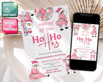 May include: A digital and printable Friendsmas party invitation featuring Santa Claus illustrations in pink and white. The invitation includes the text "calling all you Ho Ho Hos" and event details for a party on December 16th.