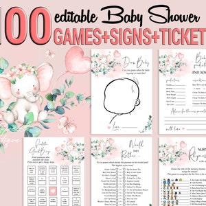Elephant baby shower games, baby shower games elephant, pink elephant baby shower games, Bundle Cute Elephant Games Girl, Instant Download