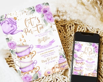 May include: Purple and gold tea party invitation with a watercolor illustration of a teapot and teacups. The invitation says "Let's Par-Tea" and is for Beatrice's 4th birthday. The invitation includes the date, time, and location of the party.