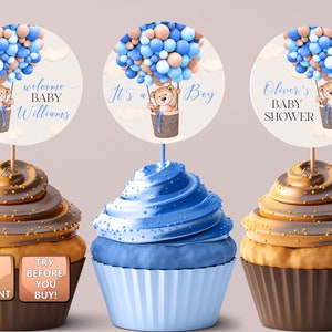 Babyparty Cupcake Toppers Junge Bär Ballon, Junge Bär Ballon, Geburtstag Tortendeko, Junge Teddybär BS013