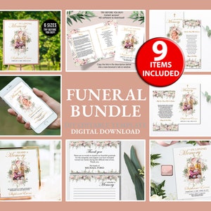 Op de afbeelding: Een digitaal downloadpakket met 9 afdrukbare rouwkaart sjablonen. De sjablonen hebben een bloemmotief met een fotolijst en de tekst "In liefdevolle herinnering". Het pakket bevat verschillende formaten en maten, waaronder een bord, een programma, een bedankkaart en een gedenkkaart.