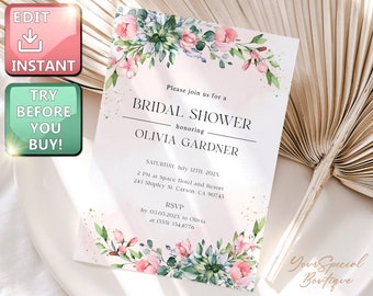 Bridal Shower Invitation Template, Pink Floral Greenery Roses, Boho Bridal Shower, Bohemian Bridal Shower Instant Download, Printable 001