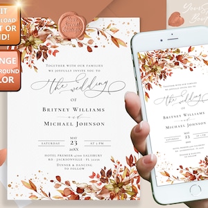 Fall Wedding Invitation Template, Rustic Autumn Leaves and Greenery, Printable + Electronic Wedding Invite, Evite Announcement Editable W035