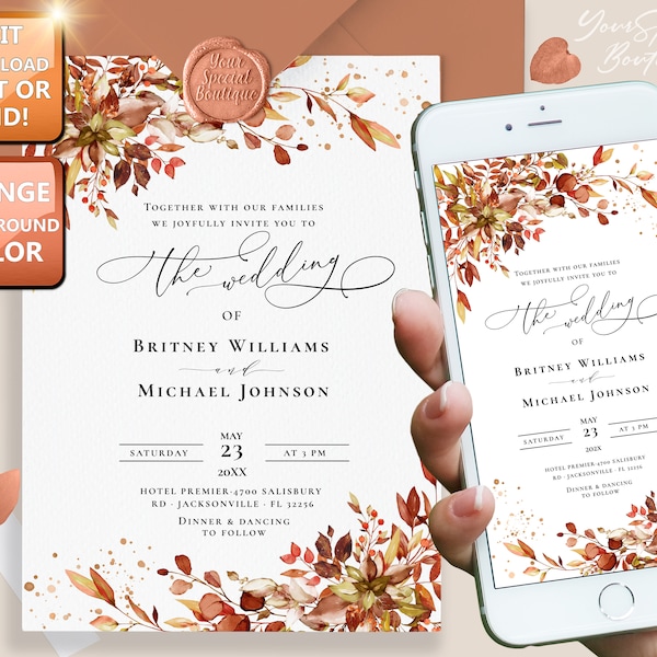 Fall Wedding Invitation Template, Rustic Autumn Leaves and Greenery, Printable + Electronic Wedding Invite, Evite Announcement Editable W035