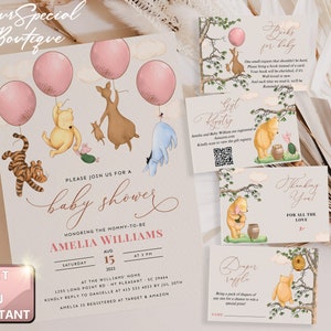 POOH - Bär Babyparty Einladung Klassische Winnie-The-Pooh, Windel Verlosung, Buch Anfrage, Danke Karte Bär Ballon GIRL Bearbeitbare Vorlage